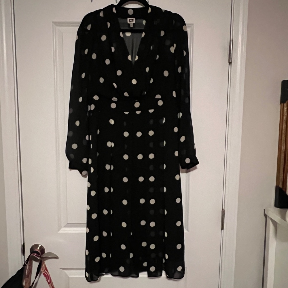 Anne Klein Black and White Polka Dot Long Sleeve Dress